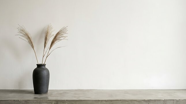Minimalist ceramic vase with dried grass on a gray concrete shelf
