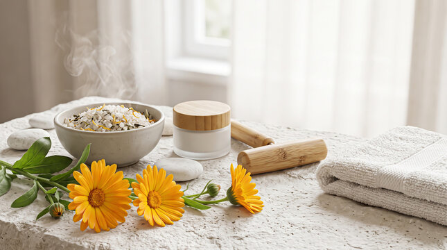 Inhaling the rising steam from mineral bath salts and vibrant marigold blossoms resting on a rugged stone texture during a luxury spa treatment session.