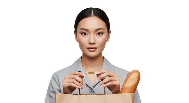 Young Asian woman holding a paper shopping bag with a baguette, looking directly at the camera with a serious expression.
