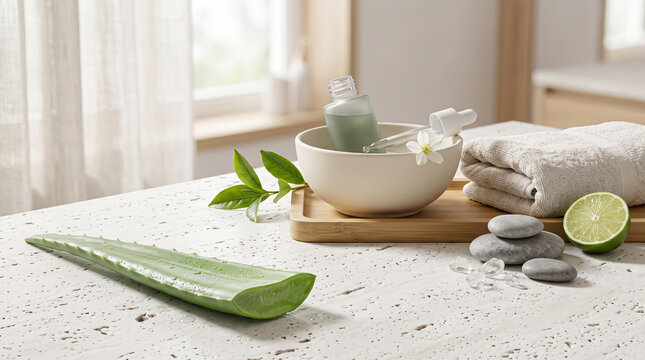 Botanical rejuvenation featuring the intricate cellular patterns of a succulent aloe vera leaf resting on porous travertine stone within a spa setting.