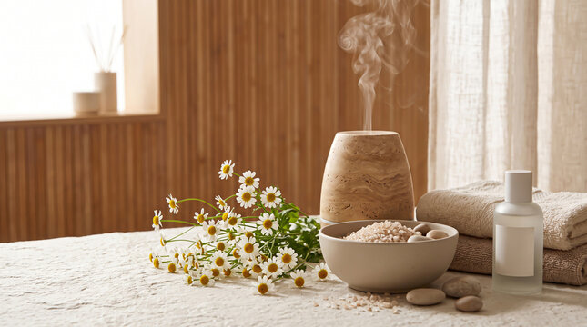 Emitting gentle aromatherapy steam near fresh chamomile flowers and holistic spa essentials arranged on a textured treatment bed for relaxation.
