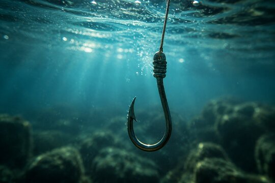 A close-up view of a fish hook submerged in water.