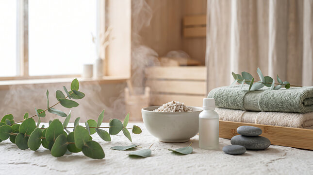 Infusing the air with steam while fresh eucalyptus leaves rest beside stacked towels and basalt stones in a serene wooden wellness sanctuary setting.