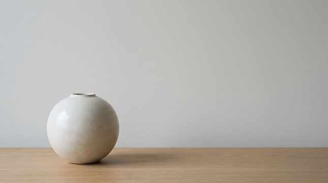 Minimalist round ceramic vase on a wooden surface against plain wall