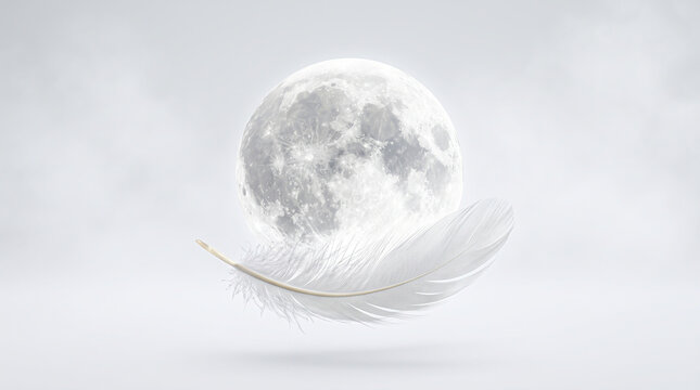 Microscopic barbules of a pristine white feather levitating before a luminous full moon amidst a dreamlike ethereal fog in a surreal atmosphere.