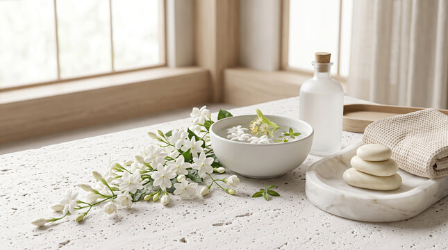 Porous travertine stone textures grounding delicate white jasmine blossoms near a bowl of water and stacked zen stones for a serene spa atmosphere.