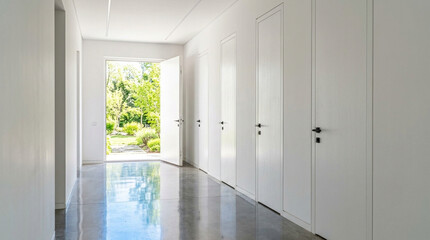 Fototapeta premium Modern White Hallway with Open Door to Green Garden and Reflective Floor