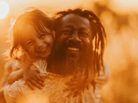 Deep skin tone father giving a piggyback ride to his smiling young child in golden sunlight for Fathers Day and joyful parenting lifestyle