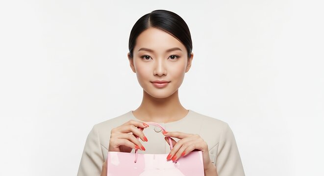 Young Asian Woman Holding a Pink Shopping Bag with a Content Expression.