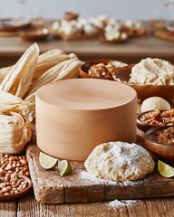 Fototapeta premium Terracotta comal podium on a weathered wooden board with masa dough and corn husks for Hispanic Heritage Month and Latin food displays