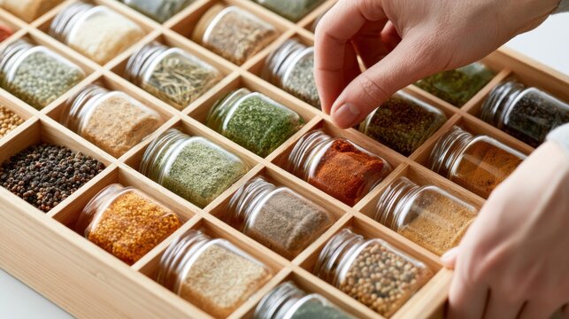 A close-up shot shows a person's hands organizing a wooden spice rack filled with various glass jars of herbs and spices. The jars are neatly arranged in compartments.