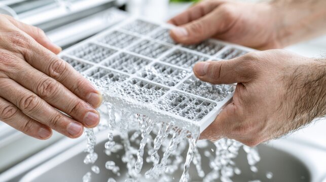 Cleaning an air conditioner filter under running water. Two hands hold the dirty filter, allowing water to wash away dust and debris