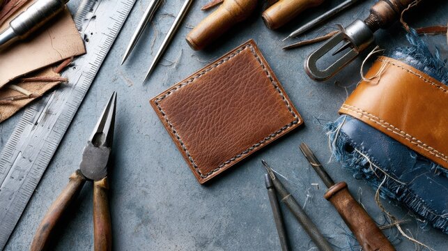 A collection of leather crafting tools laid out on a rustic surface, surrounding a handcrafted leather wallet. The tools include awls, needles, pliers, and cutting implements.