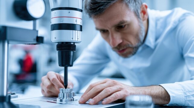An engineer is carefully inspecting a metal part using a precision measuring instrument in a laboratory setting. The man has a focused expression as he works with the advanced equipment.