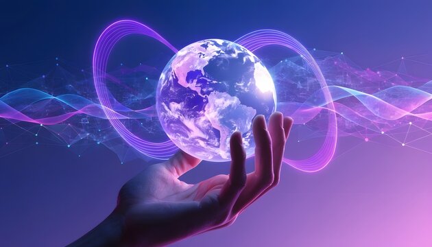 Luminous world globe with infinity loop data paths. Global networking and endless digital connectivity. Person holding a glowing earth hologram amidst mesh network waves