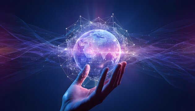 Luminous world globe mesh network and global satellite connection. Cloud computing data security. Human hand holding a glowing digital planet earth hologram in cyberspace