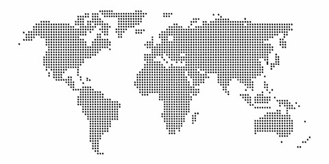 world map silhouette created from black dots on white background geography global continents oceans halftone vector graphic design pattern simple © Pabitra