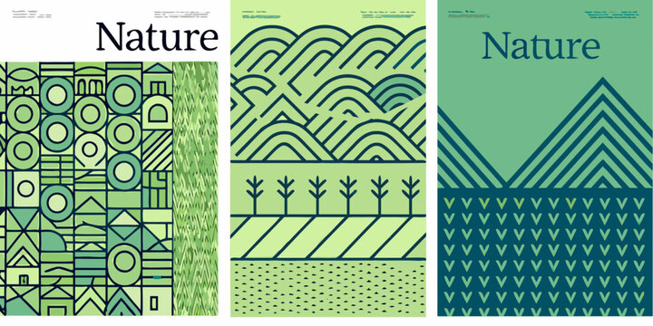 geometric nature patterns in minimalist vector style illustration landscape mountains trees waves circles triangles shapes design graphic art modern abstract