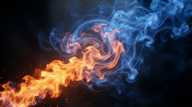 Abstract swirling fire and smoke energy concept with contrasting colors