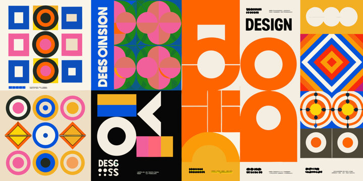 modern abstract geometric posters with overlapping shapes and bold colors design pattern artwork graphic composition square circle triangle rectangle typography