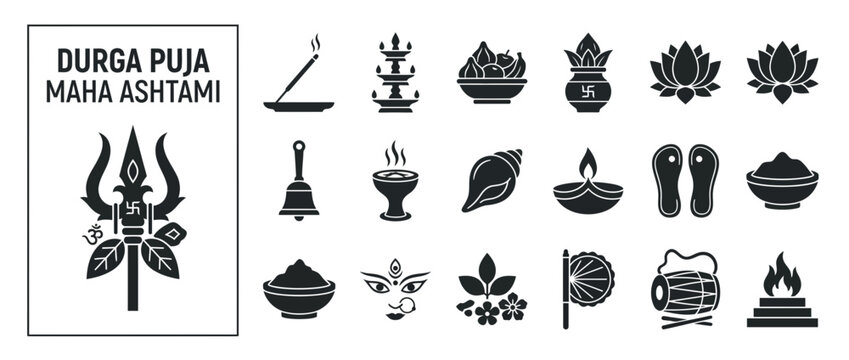 Durga Puja Maha Ashtami Icons: Trishul, Om, Lotus, Diya, Drum, Bell
