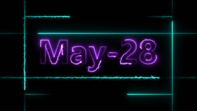 Abstract neon May 28 calendar date 4k illustration. Neon bright 28 May date text purple color 4k illustration. Suitable for event promotion, important.