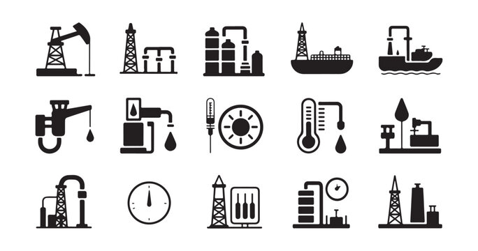 Set of black oil drilling equipment and petrol processing plant icons isolated on transparent background.