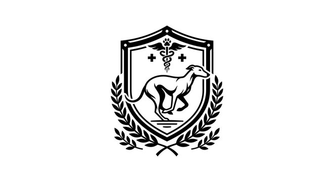 Running sighthound emblem with caduceus and shield