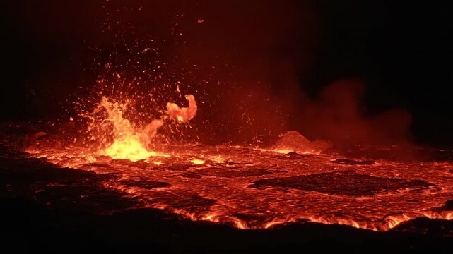 A fierce eruption radiates intense heat while glowing molten rock flows down the mountainside at night, displaying raw terrestrial power through a dynamic spectacle of burning craters and fire