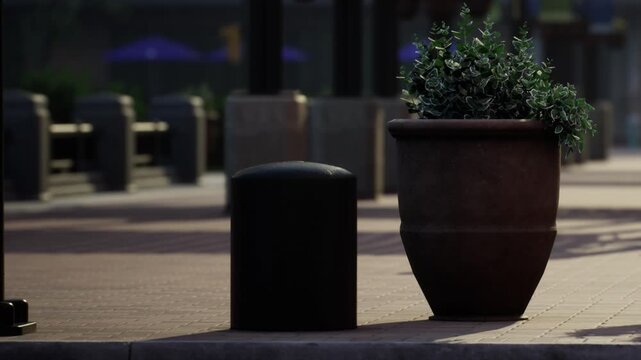 A black cylinder and a flower pot sit on the ground near a walkway. Green plants are within the pot. The area has light coming from above. People are nearby in a busy place.