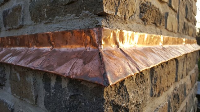 Copper flashing on stone chimney. Metal sheet folded over masonry for weatherproofing.