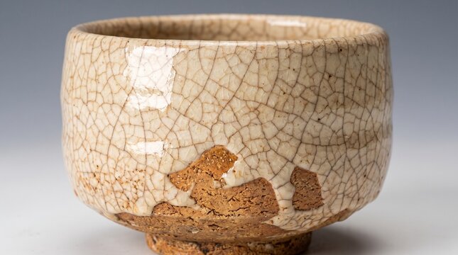 Handmade ceramic tea bowl with crackle glaze. Traditional pottery with rustic texture.