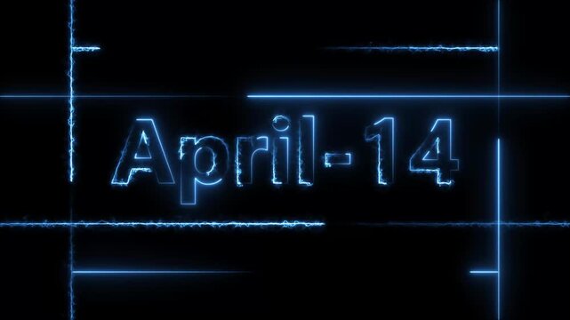 Abstract neon April 14 calendar date Animation 4k video. Neon bright 14 April date text blue color animation. Suitable for event promotion, important.