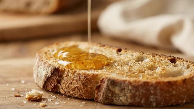 Golden honey pours onto a slice of rustic toasted bread