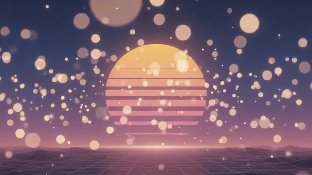 Synthwave sunset with wireframe grid and floating bokeh particles