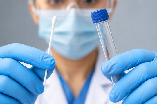 Healthcare Professional in PPE Holding COVID-19 Swab and Test Tube, Blue Gloves, Coronavirus Diagnostic Testing, OP NP Sample Collection, Medical Concept