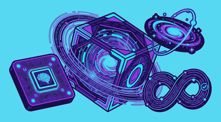 Fototapeta premium Isolated Quantum Computing Core Portal and Autonomous AI Chip Vector Logo, 