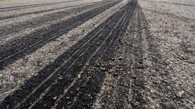 Black tire skid marks on asphalt road. Rubber burnout tracks on a grey pavement surface.