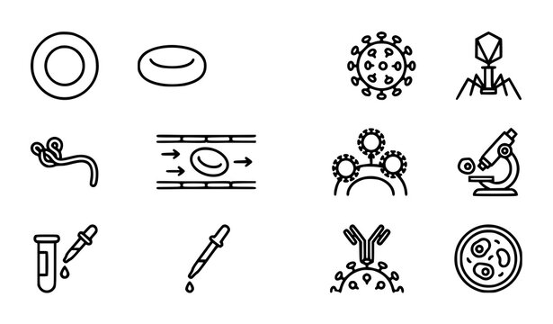 Erythrocytes and viruses line icons set with red blood cell anatomy and microscopic virus structure symbols in medical vector linear style