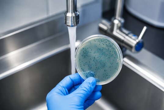 Petri Dish with E. coli Bacterial Culture in Front of Flowing Tap Water, Water Safety Inspection, Microbiological Testing, Environmental Health, Laboratory Research