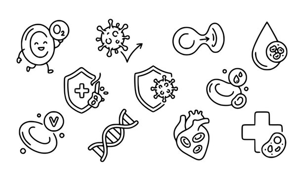 Hand drawn red blood cells and viruses line icon set with educational microbiology concepts and human anatomy doodles in vector monoline style