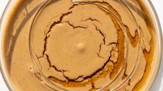 Tahini paste in a bowl. Creamy sesame butter texture with oil separation and cracks.
