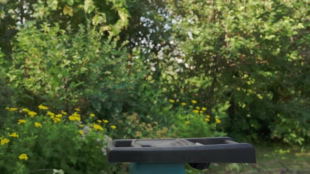 Gardener in red gloves feeds pruned tree branches into an electric wood chipper shredder in a lush green garden. Eco-friendly yard waste disposal.