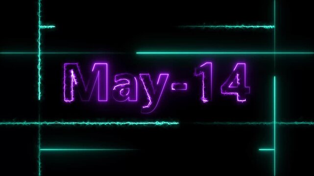 Abstract neon May 14 calendar date Animation 4k video. Neon bright 14 May date text purple color animation. Suitable for event promotion, important.