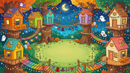 Naklejka premium Charming vector illustration of a festive Halloween treehouse village at night—featuring colorful wooden treehouses connected by rope bridges, glowing jack-o'-lanterns, black cats in windows, friendly