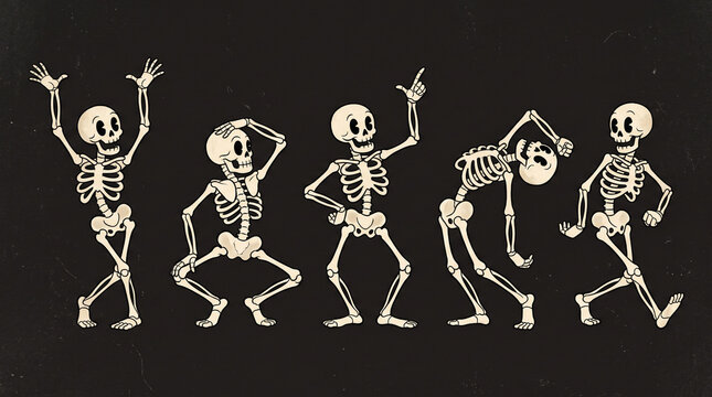 Vintage 1930s rubber hose cartoon style Halloween banner illustration featuring five funny skeletons with pie eyes dancing in various dynamic poses&mdash;including waving arms, squatting, pointing up, bendi