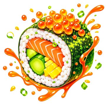 Vibrant Flavorful Sushi Roll Bursting with Fresh Salmon Creamy Avocado Crisp Cucumber and Bright Ikura Roe Presented with Dynamic Orange Sauce Splashes in a Playful Artistic Culinary Composition. vect