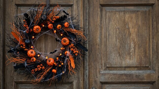 Spooky Halloween Wreath Adorns Rustic Wooden Door with Pumpkins and Lights