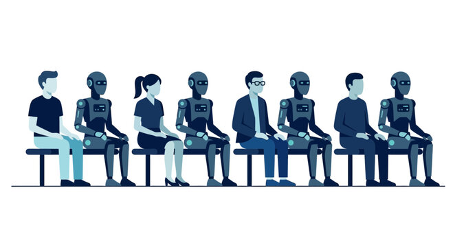 Humans and artificial intelligence robots sitting together on a bench