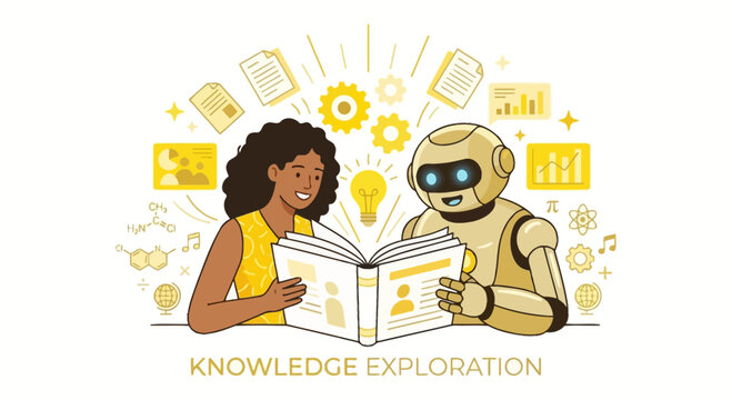 Woman and artificial intelligence robot reading book during summer